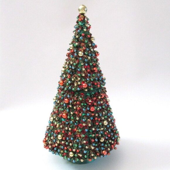 Large Beaded Sequin Christmas Tree Trinket Box Decor 10" Tall Vintage